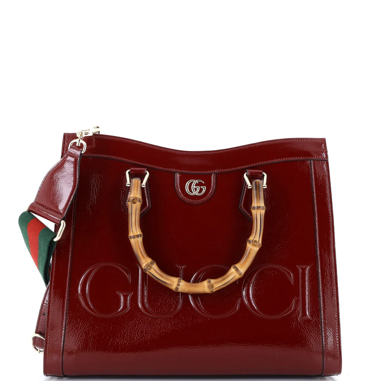 Diana NM Logo Bamboo Handle Tote Embossed Patent Medium - Deep Luxury