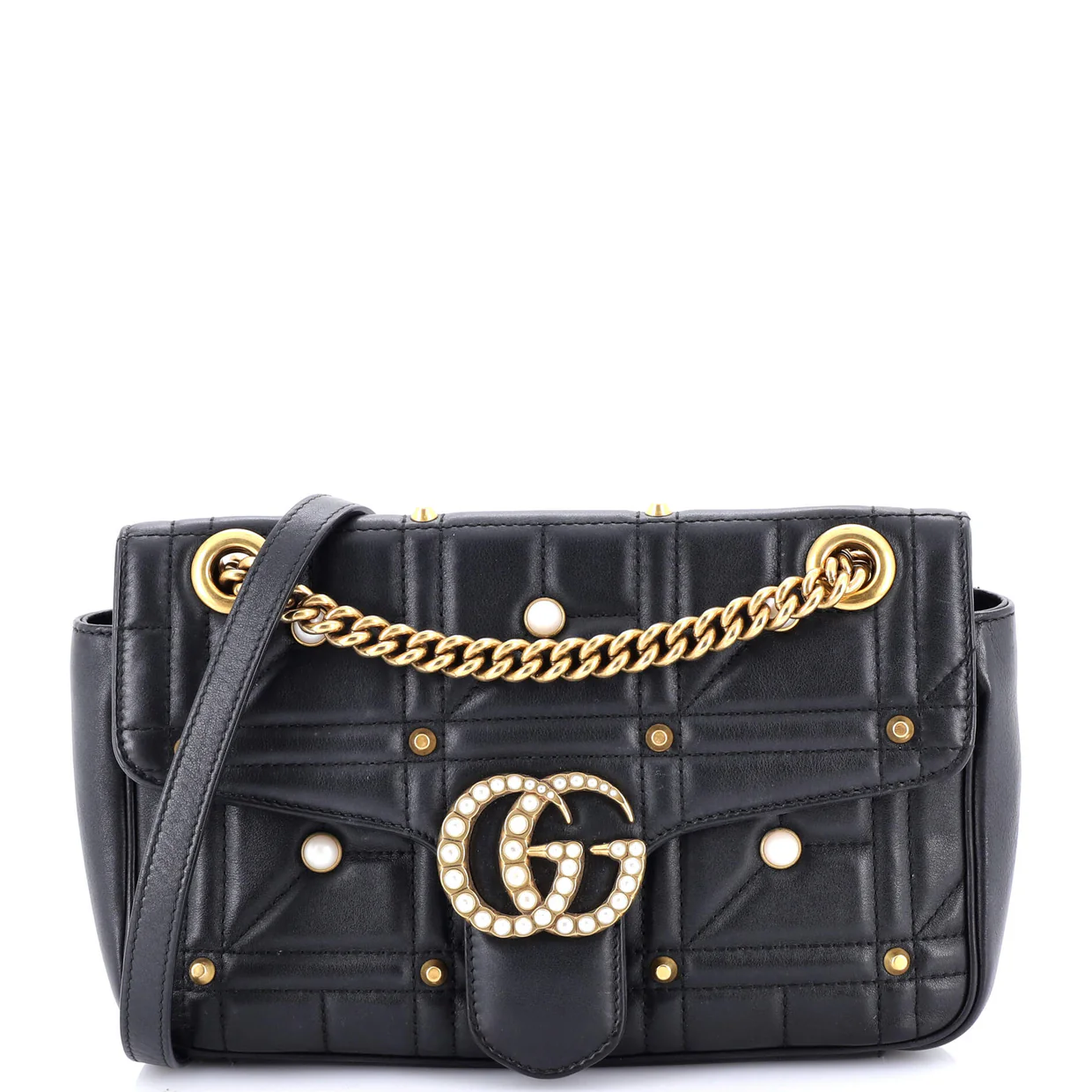 Pearly GG Marmont Flap Bag Embellished Matelasse Leather Small - Deep Luxury