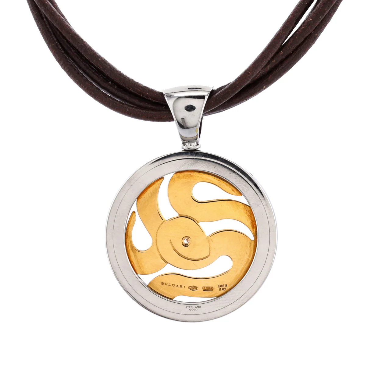 Tondo Snake Pendant Necklace Leather with Stainless Steel and 18K Yellow Gold with Diamond - Deep Luxury