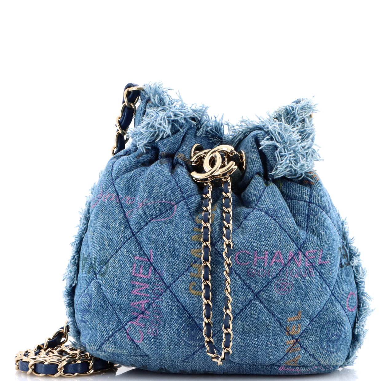 Denim Mood Chain Bucket Bag Logo Printed Quilted Fringe Denim Medium - Deep Luxury