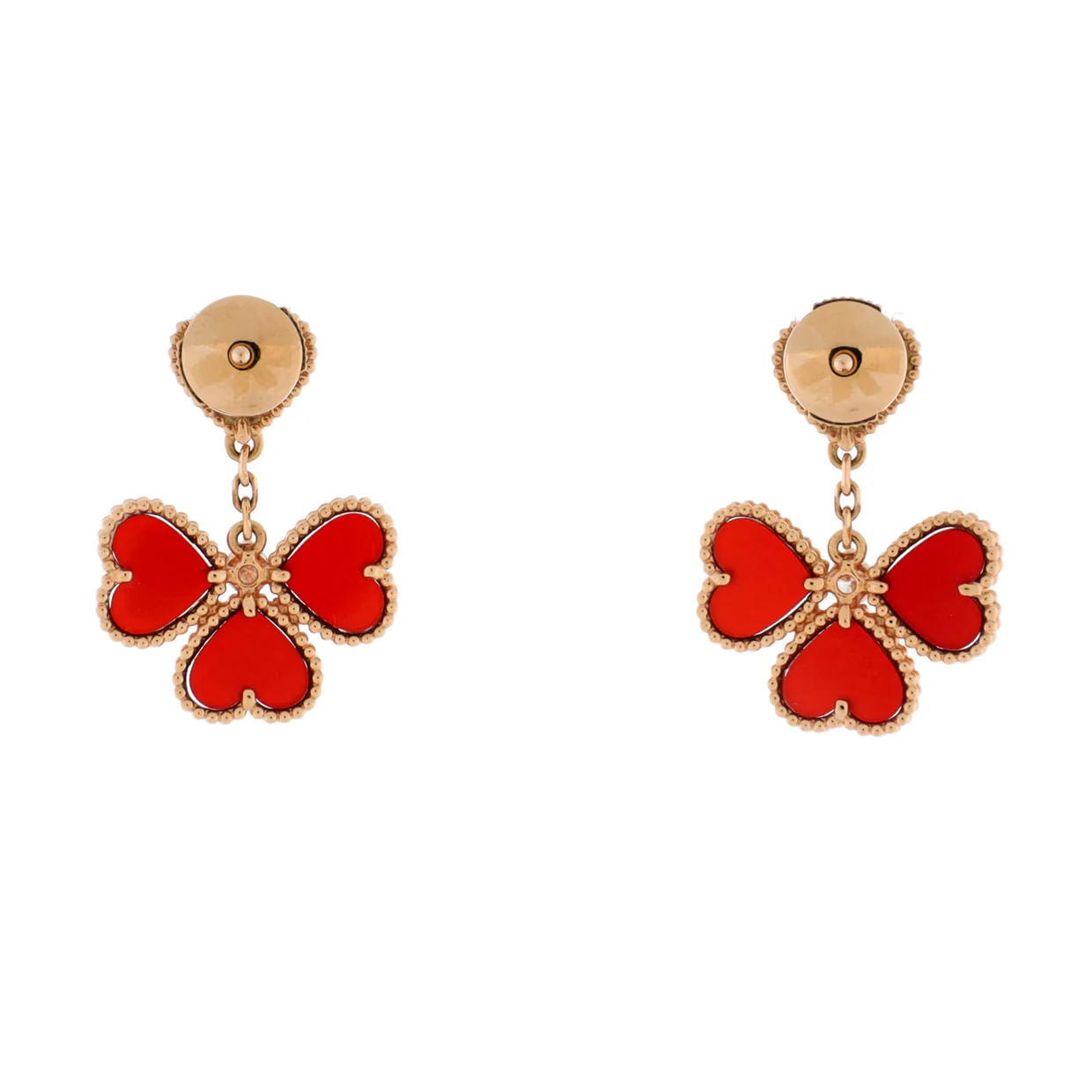 Sweet Alhambra Effeuillage Heart Earrings 18K Rose Gold with Carnelian and Diamonds - Deep Luxury