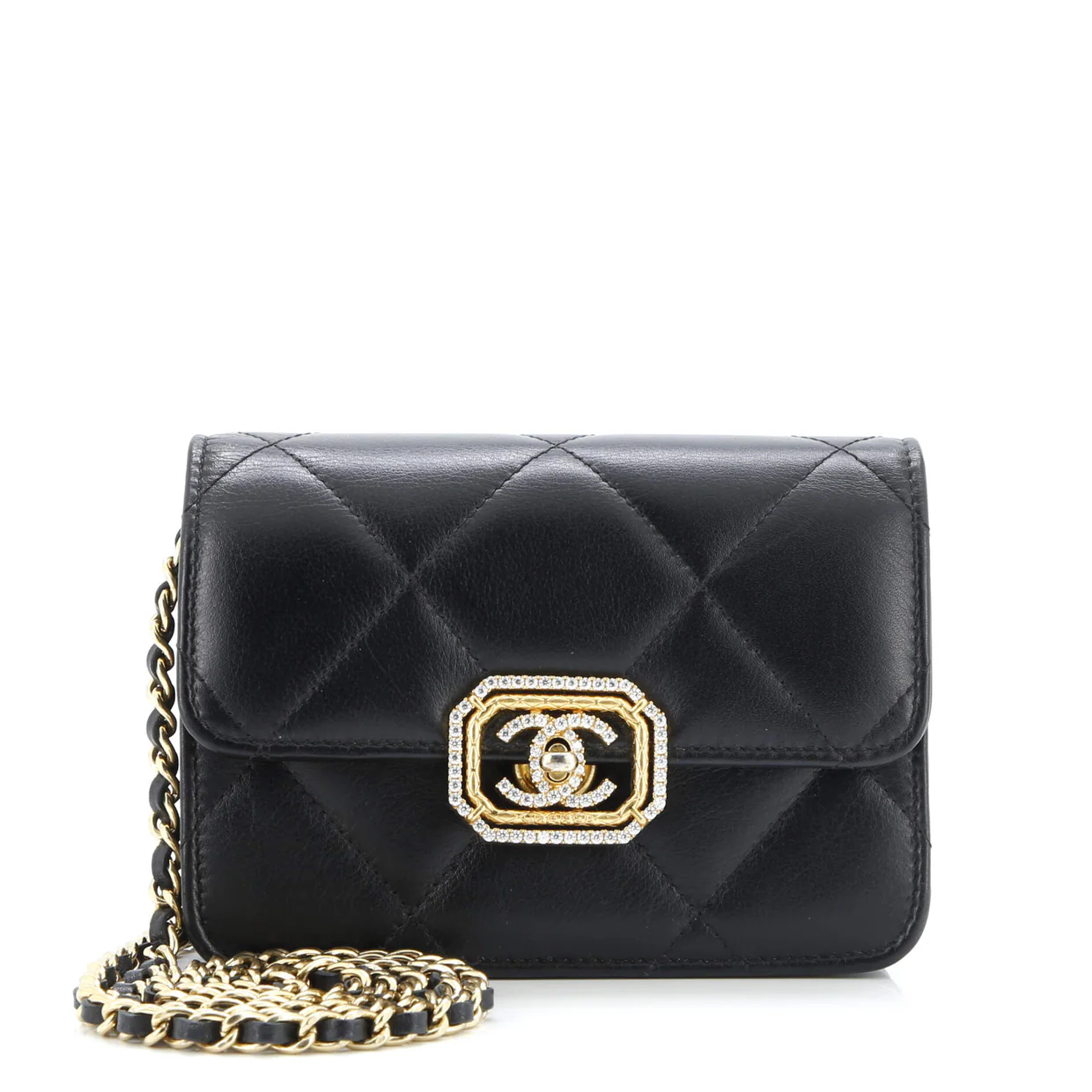 Crystal Geometric Frame CC Clutch with Chain Quilted Calfskin - Deep Luxury