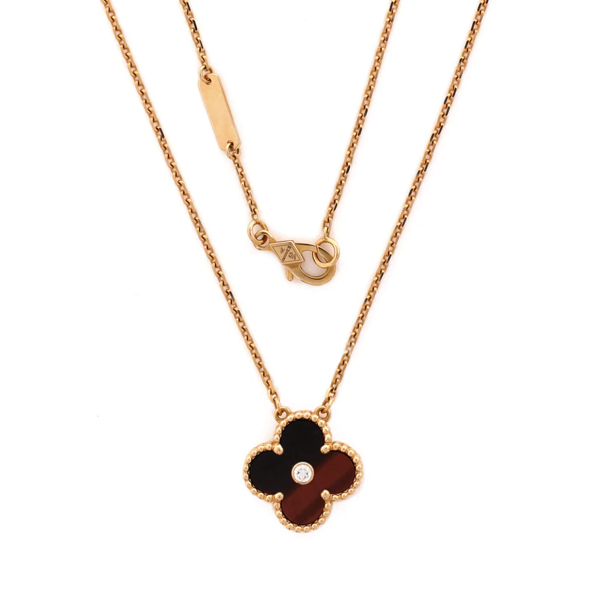 Vintage Alhambra Pendant Necklace 18K Rose Gold and Tiger Eye with Diamond - Deep Luxury