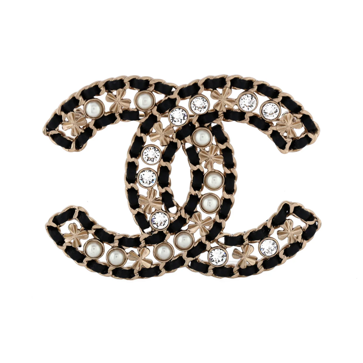 CC Chain Brooch Metal and Leather with Crystals and Faux Pearl - Deep Luxury