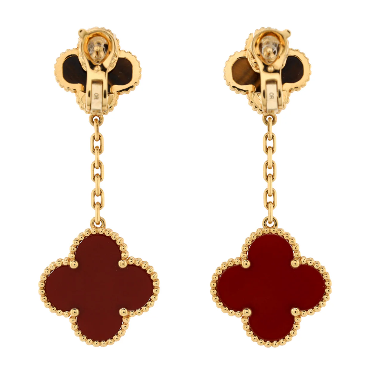 Magic Alhambra 2 Motifs Drop Earrings 18K Yellow Gold with Tiger's Eye and Carnelian - Deep Luxury