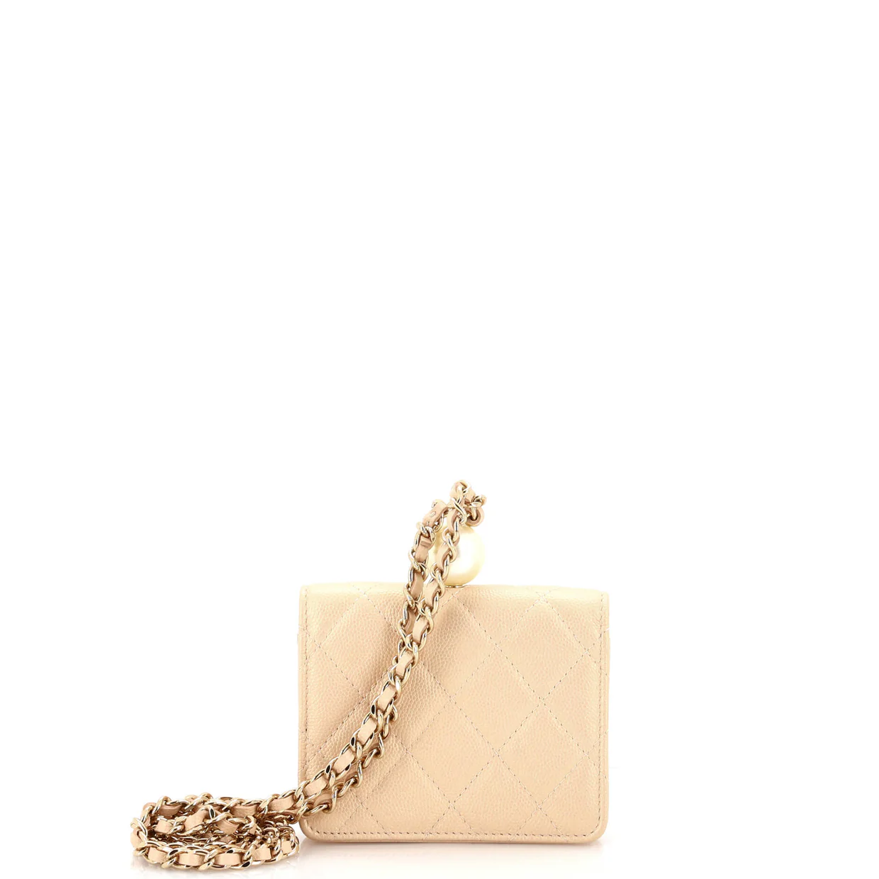 CC Pearl Coin Card Holder with Chain Quilted Iridescent Caviar - Deep Luxury