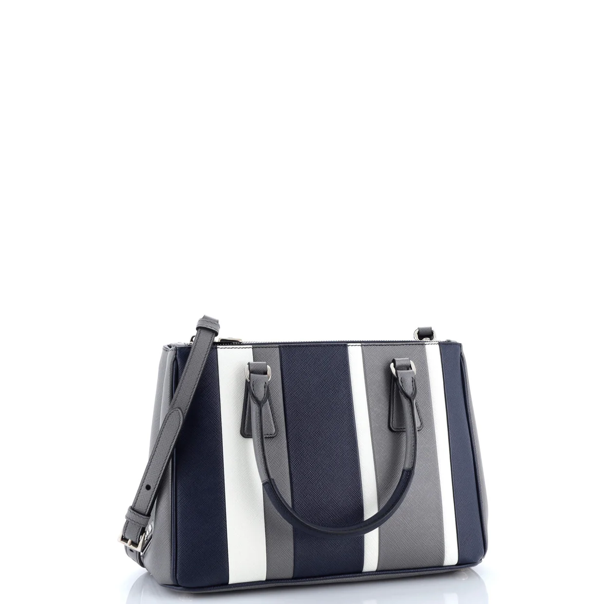 Double Zip Lux Tote Striped Saffiano Leather Small - Deep Luxury