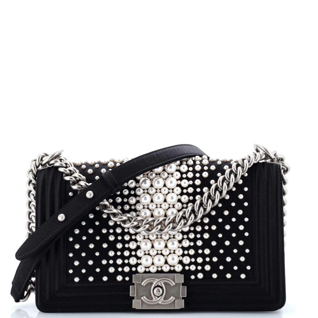 Boy Flap Bag Pearl Embellished Satin Old Medium - Deep Luxury