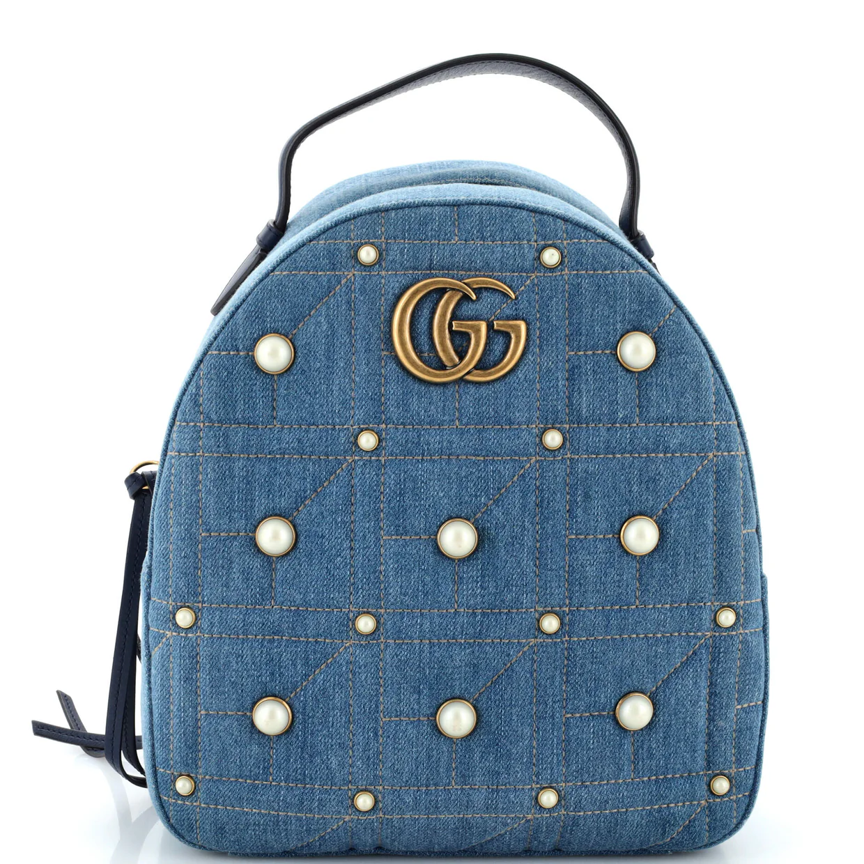 Pearly GG Marmont Backpack Embellished Matelasse Denim Small - Deep Luxury