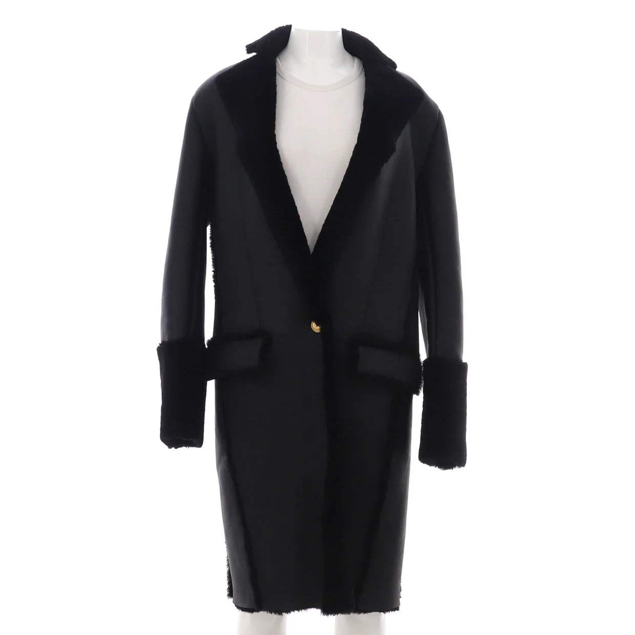 Women's Two Pocket Single Button Coat Leather and Shearling - Deep Luxury