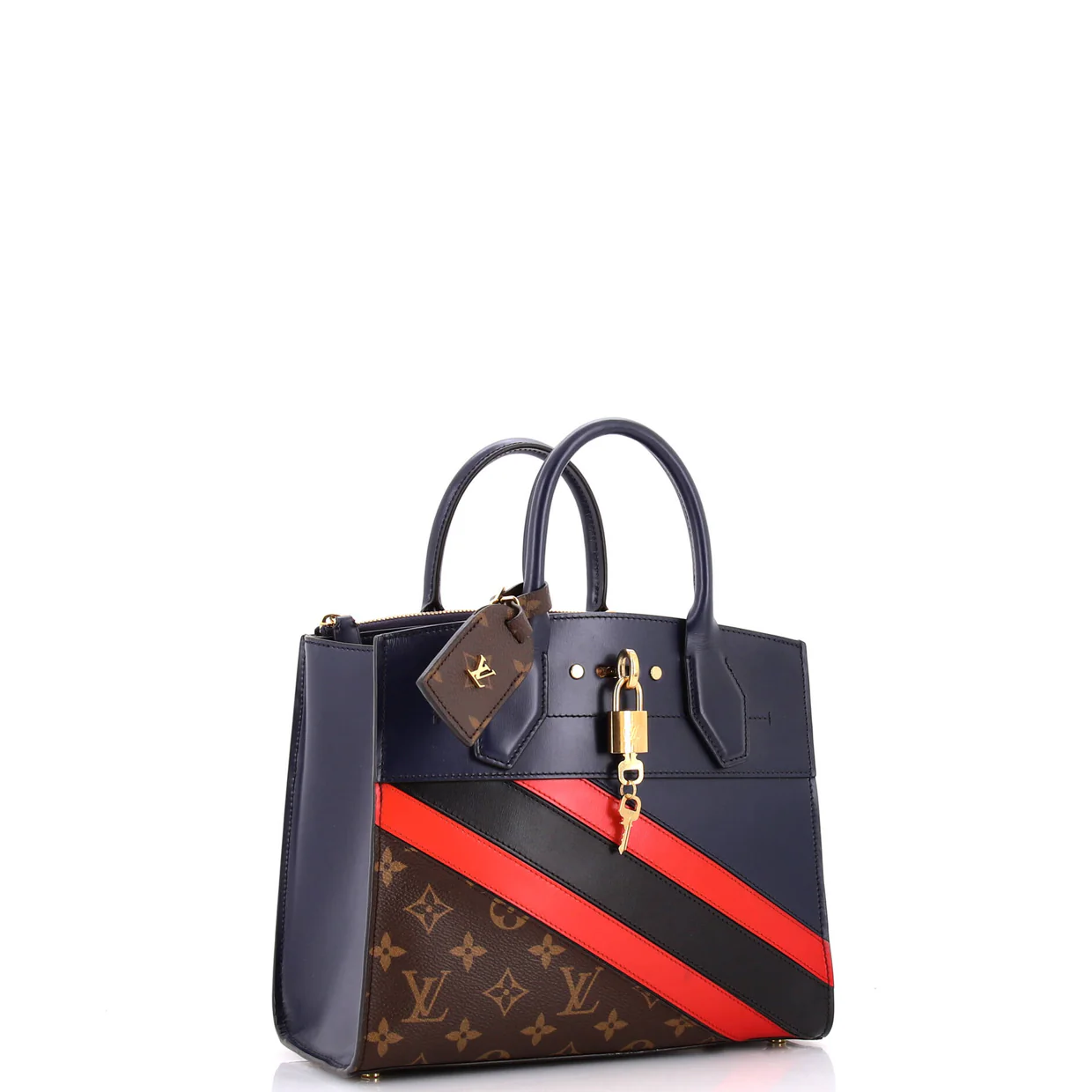 City Steamer Handbag Limited Edition Striped Leather with Monogram Canvas PM - Deep Luxury