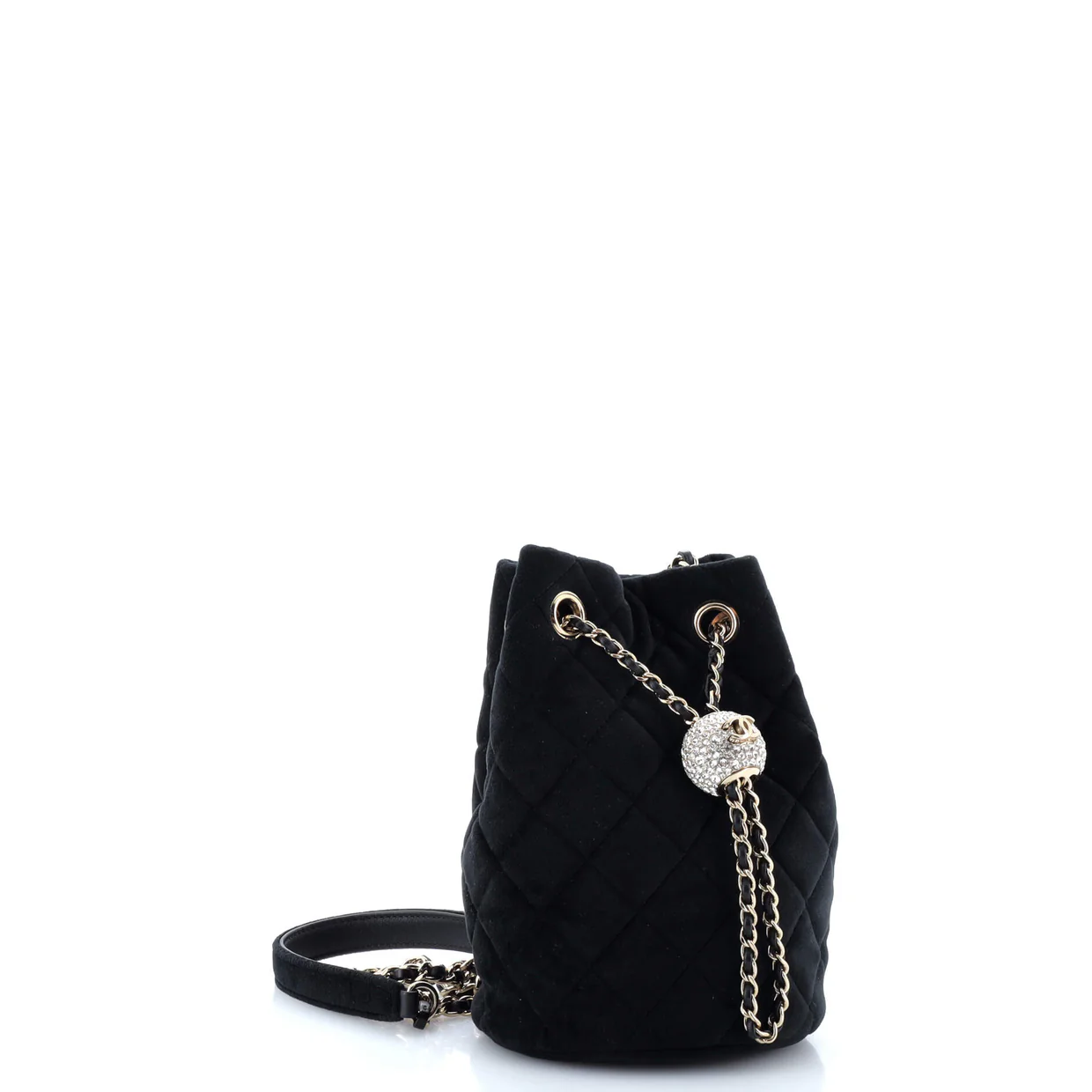 Pearl Crush Drawstring Bucket Bag Quilted Velvet with Crystals - Deep Luxury