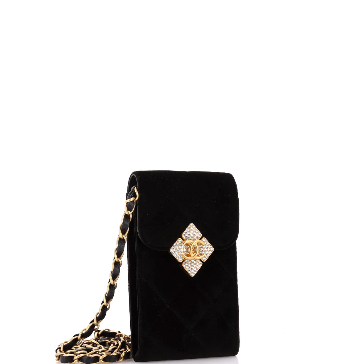 Diamond Lock CC Phone Holder with Chain Quilted Velvet with Crystals - Deep Luxury