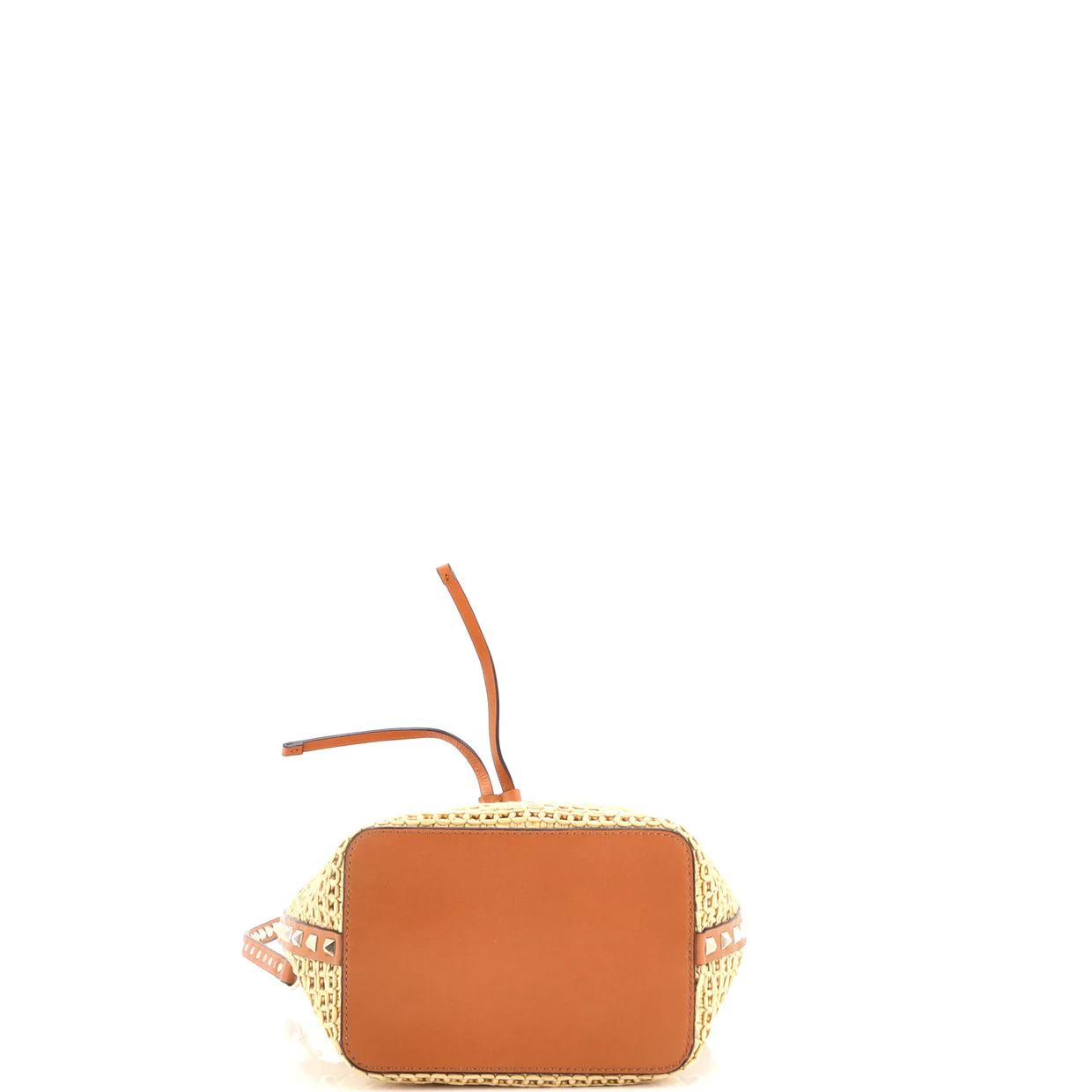 Convertible Rockstud Drawstring Bucket Bag Raffia with Leather Small - Deep Luxury