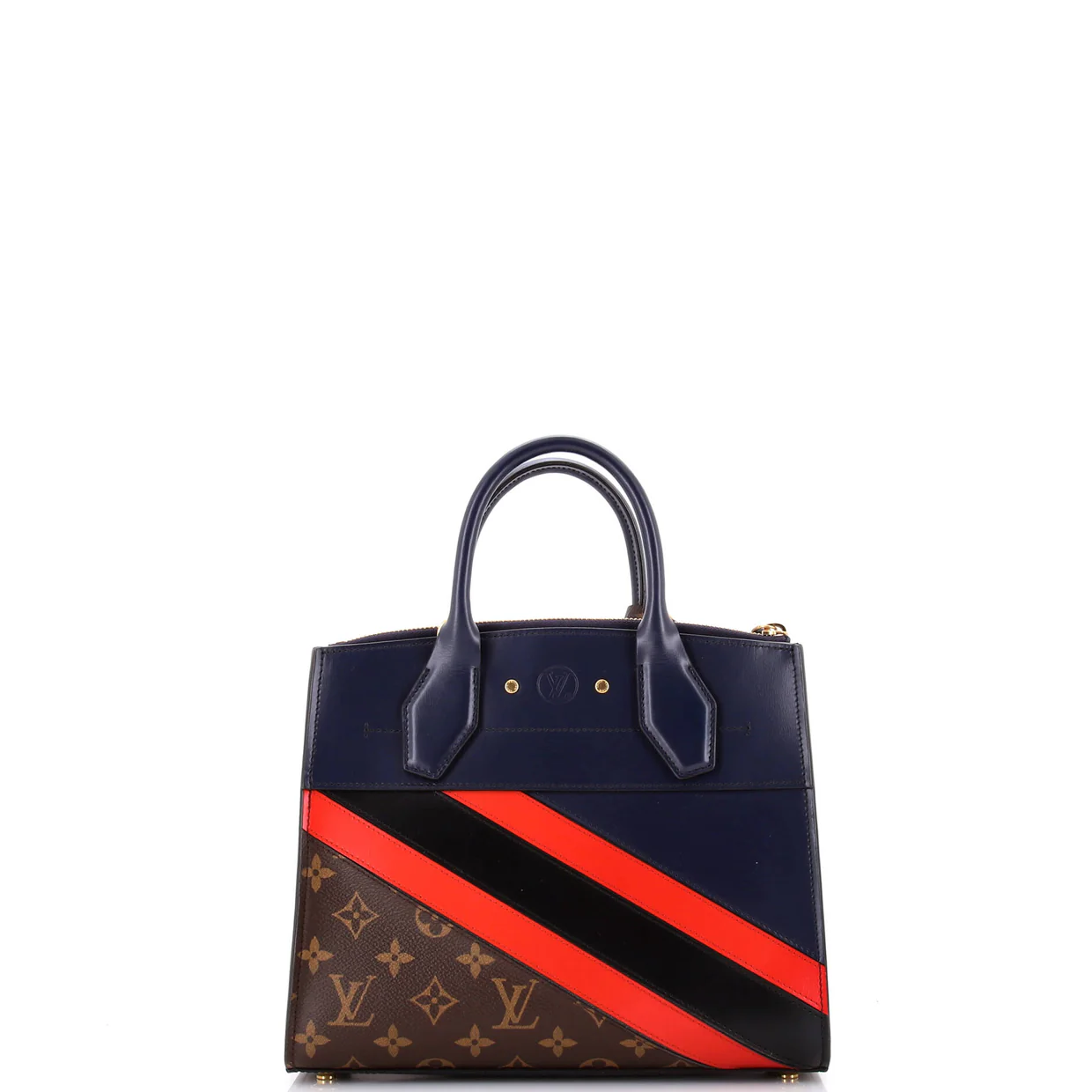 City Steamer Handbag Limited Edition Striped Leather with Monogram Canvas PM - Deep Luxury