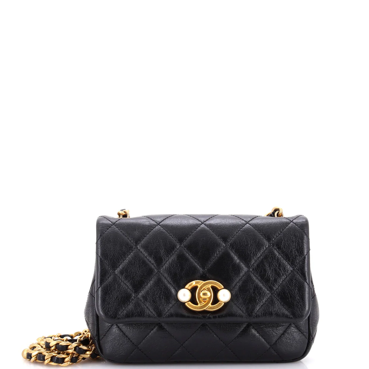 CC Pearl Section Chain Flap Bag Quilted Calfskin Mini - Deep Luxury