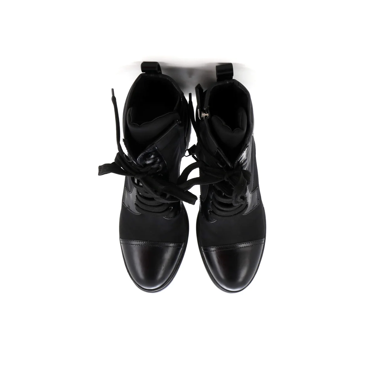 Women's Triangle Logo Heeled Ankle Boots Nylon and Leather - Deep Luxury