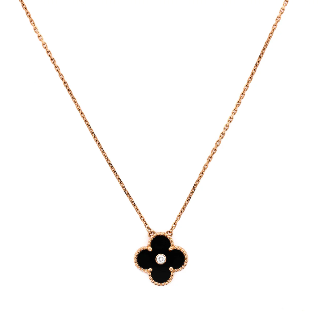 Vintage Alhambra Pendant Necklace 18K Rose Gold and Onyx with Diamond - Deep Luxury