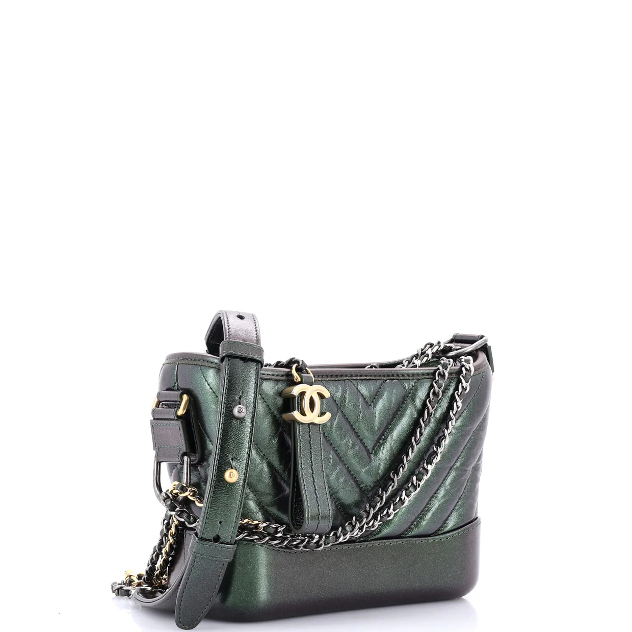 Gabrielle Hobo Chevron Metallic Aged Calfskin Small - Deep Luxury