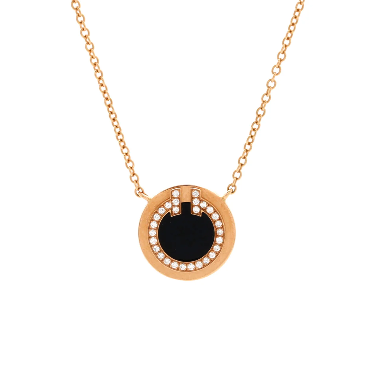 T Circle Pendant Necklace 18K Rose Gold with Onyx and Diamonds Small - Deep Luxury