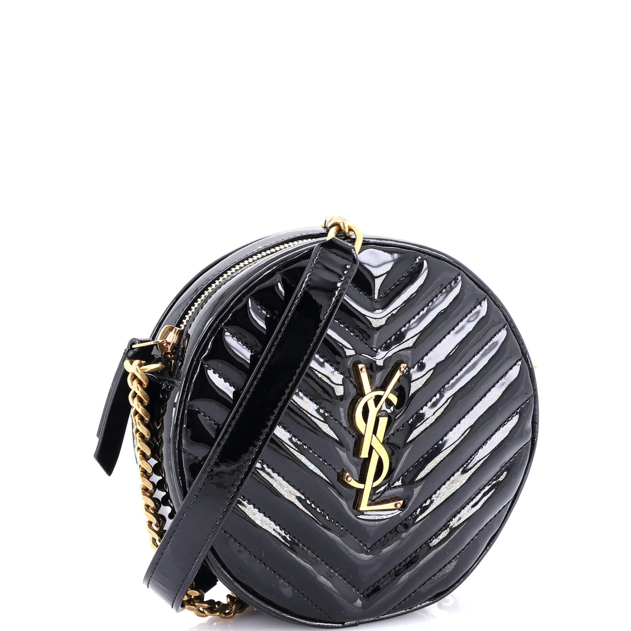 Vinyle Round Camera Bag Matelasse Chevron Patent - Deep Luxury