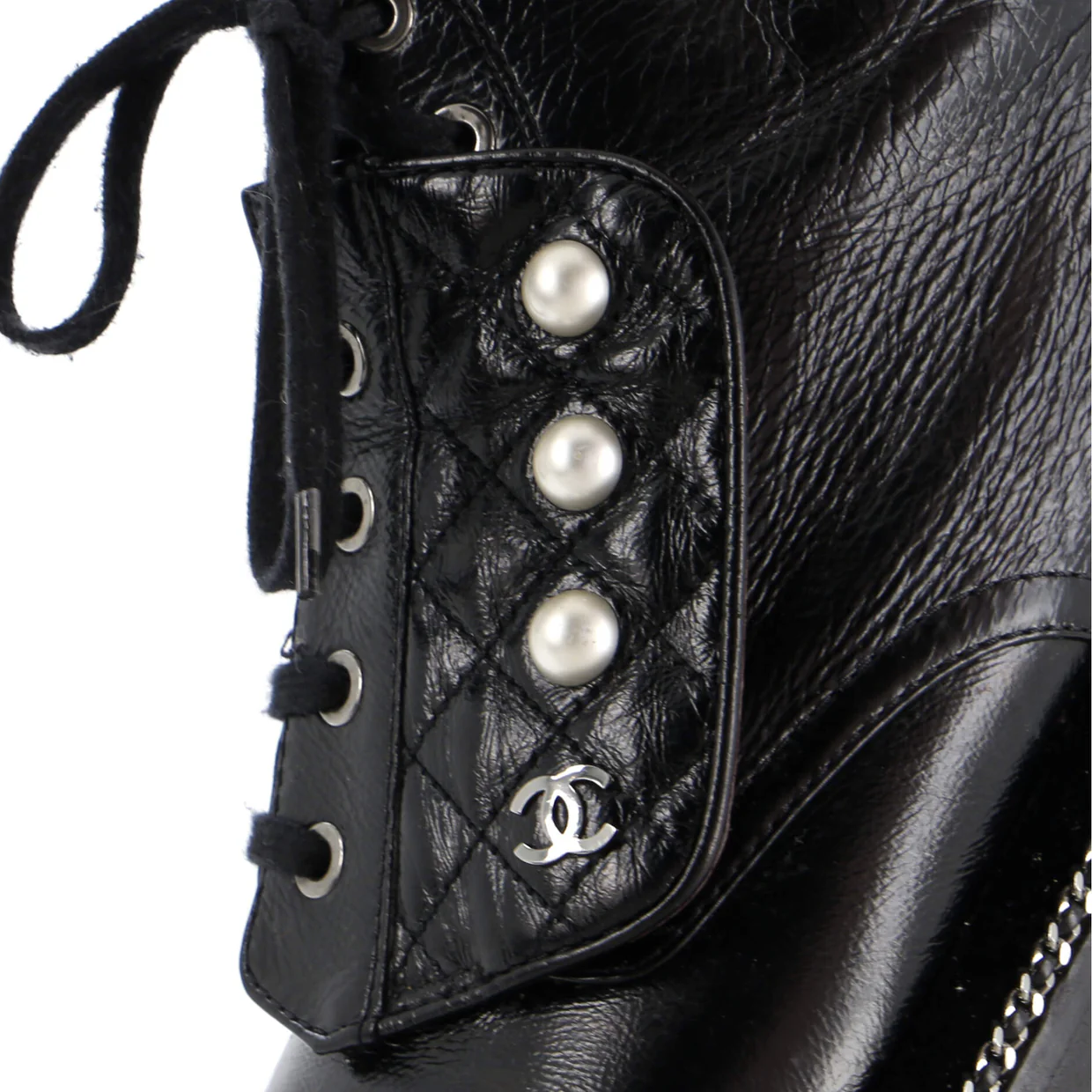Women's Cap Toe CC Chain Around Pearl Combat Boots Leather - Deep Luxury