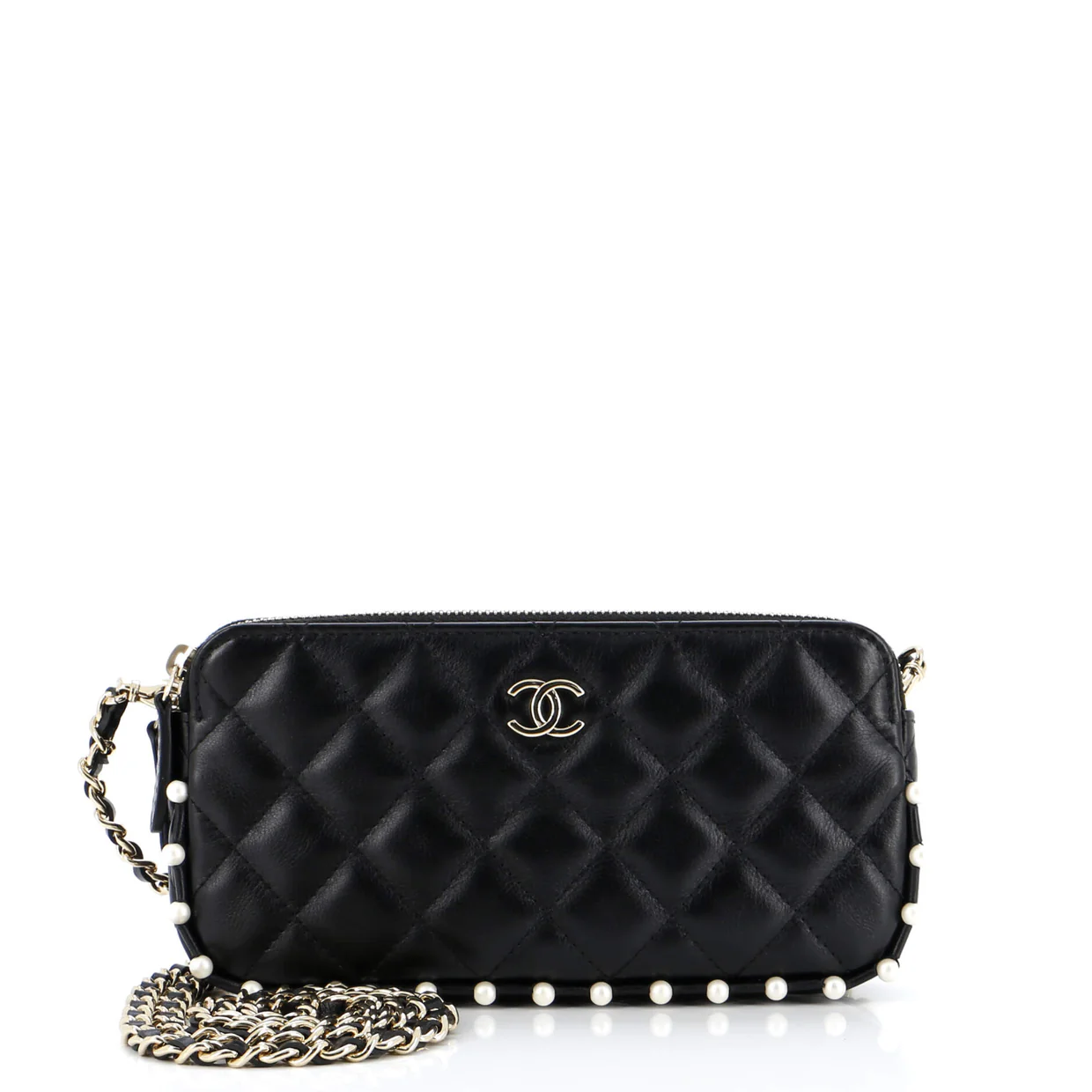 Double Zip Clutch with Chain Quilted Calfskin with Pearl Detail - Deep Luxury