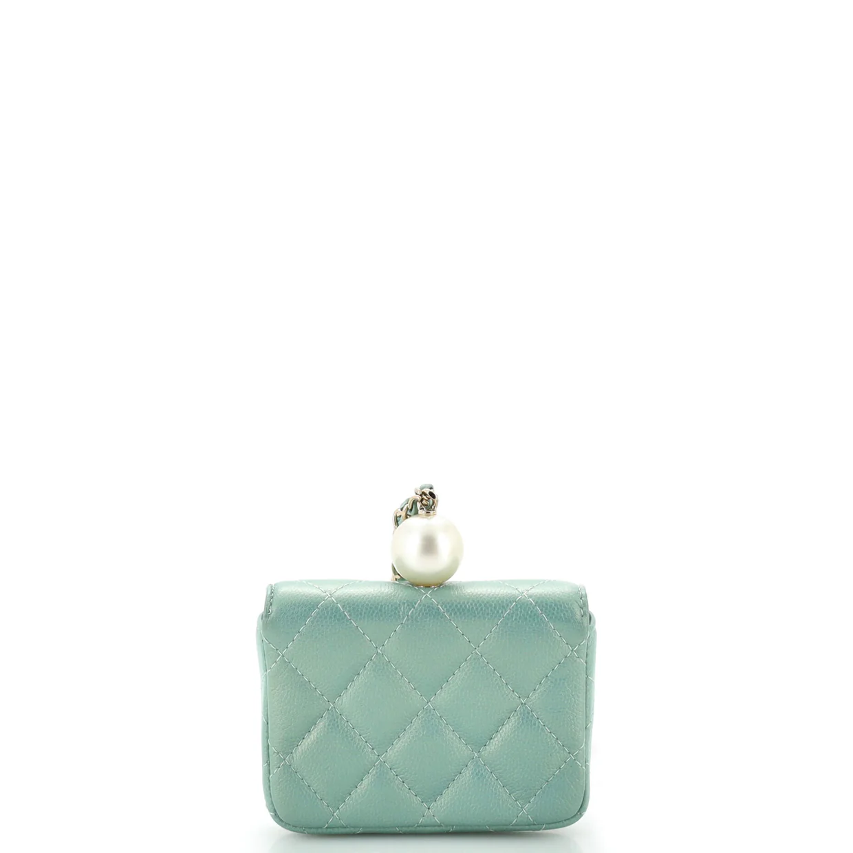 CC Pearl Coin Card Holder with Chain Quilted Iridescent Caviar - Deep Luxury