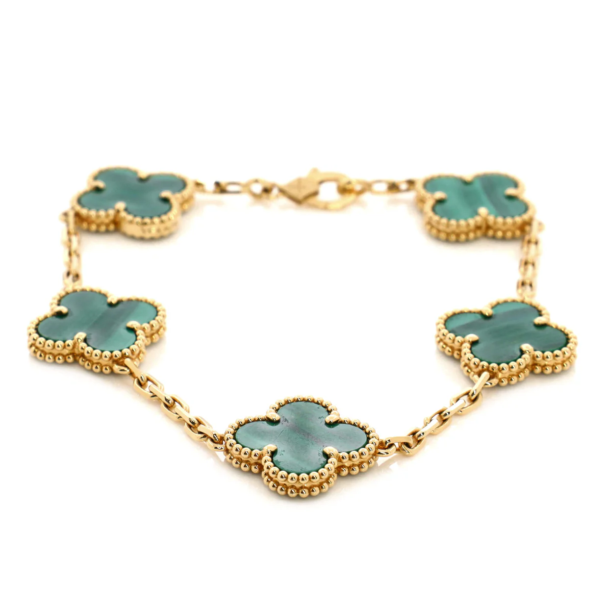 Vintage Alhambra 5 Motifs Bracelet 18K Yellow Gold and Malachite - Deep Luxury