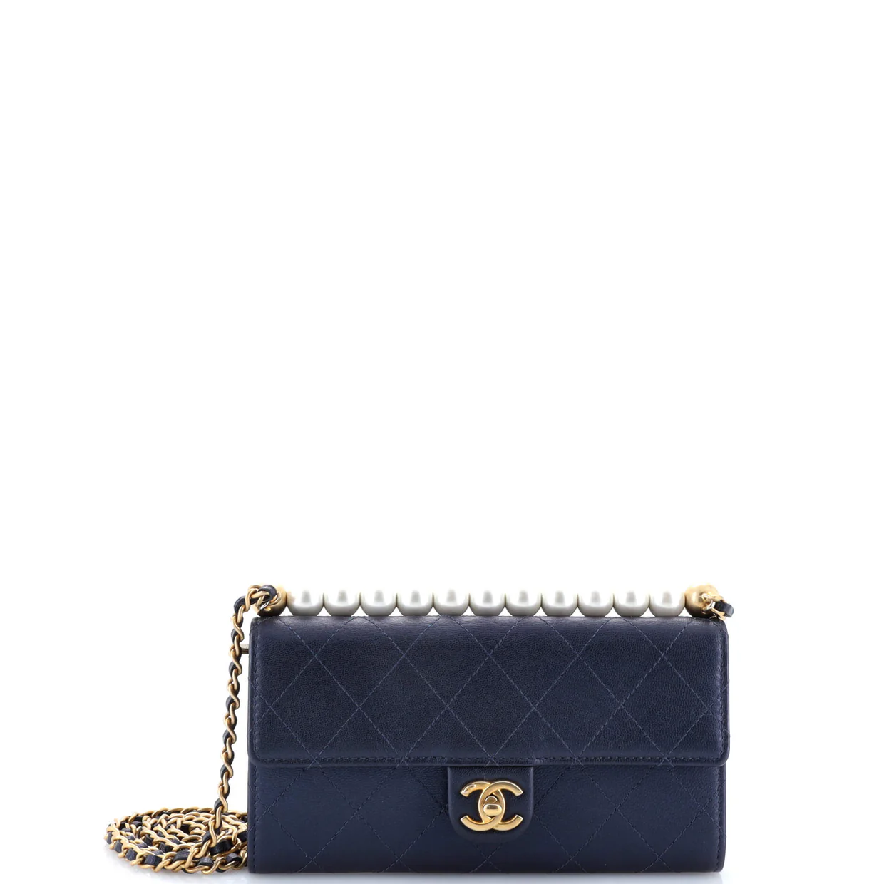 Chic Pearls Clutch with Chain Quilted Goatskin - Deep Luxury