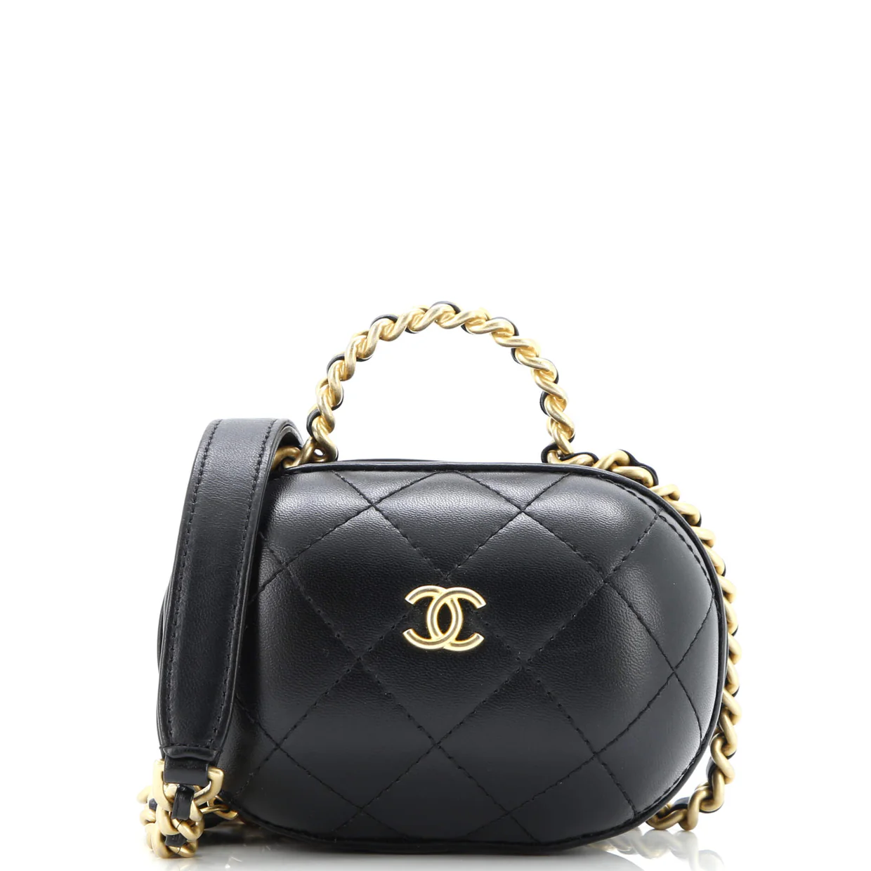 CC Bubble Top Handle Vanity Case with Chain Quilted Lambskin Mini - Deep Luxury