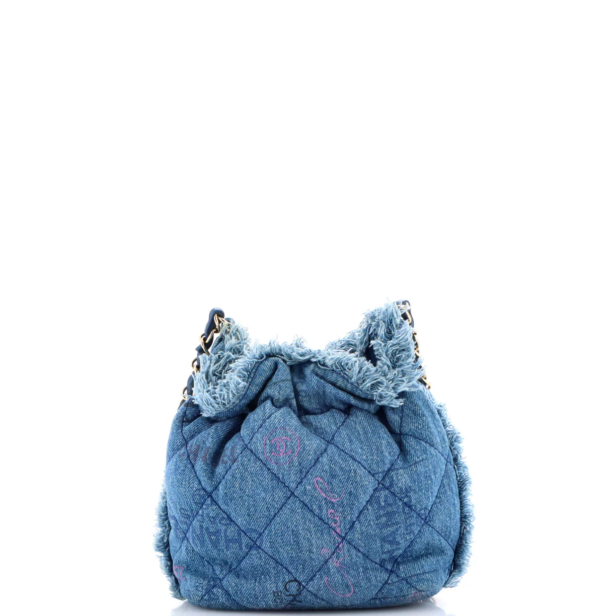 Denim Mood Chain Bucket Bag Logo Printed Quilted Fringe Denim Medium - Deep Luxury