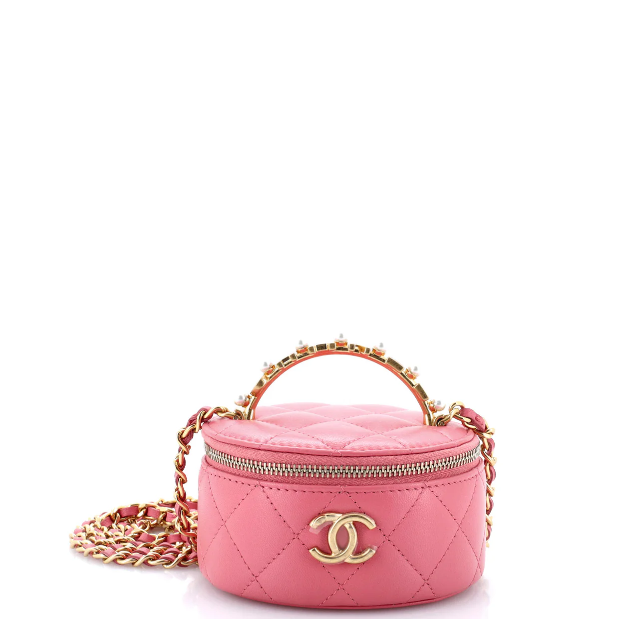 Pearl Logo Top Handle Round Vanity Case with Chain Quilted Lambskin Mini - Deep Luxury