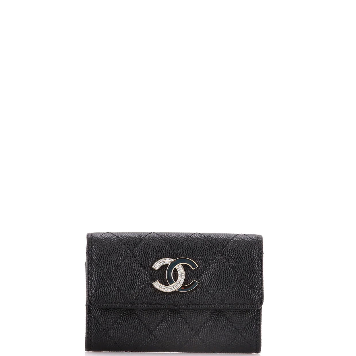 Crystal CC Flap Card Holder Quilted Caviar - Deep Luxury