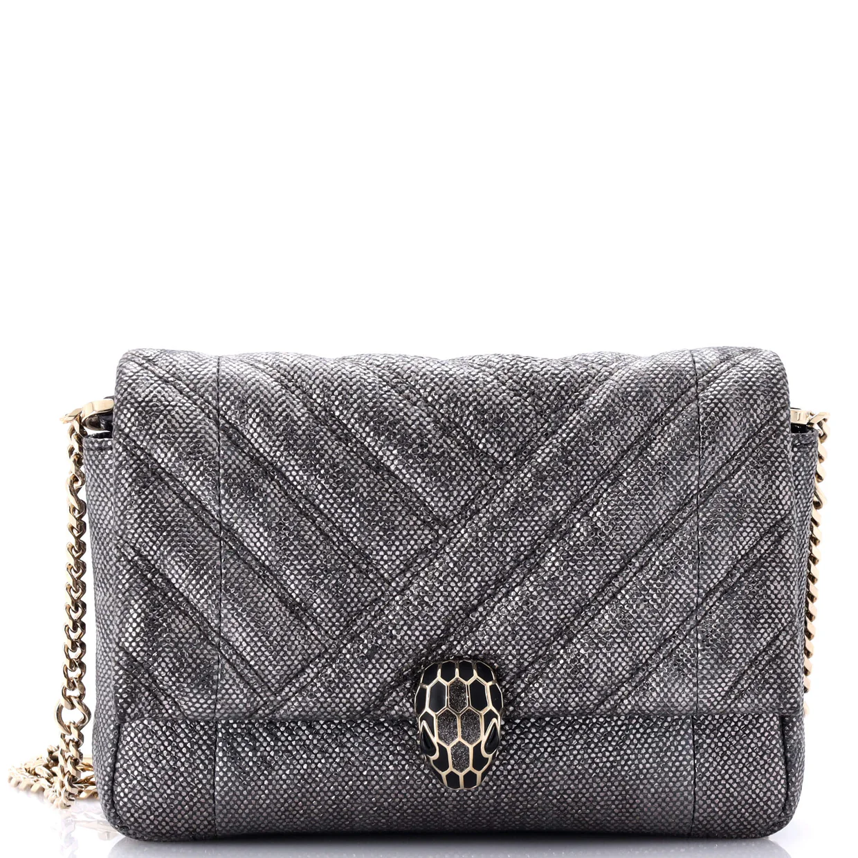 Serpenti Cabochon Shoulder Bag Diagonal Quilted Metallic Karung Small - Deep Luxury