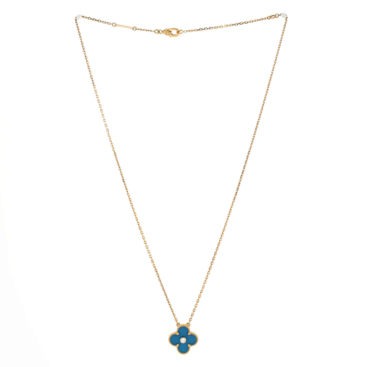 Vintage Alhambra Pendant Necklace 18K Yellow Gold and Blue Sevres Porcelain with Diamond - Deep Luxury