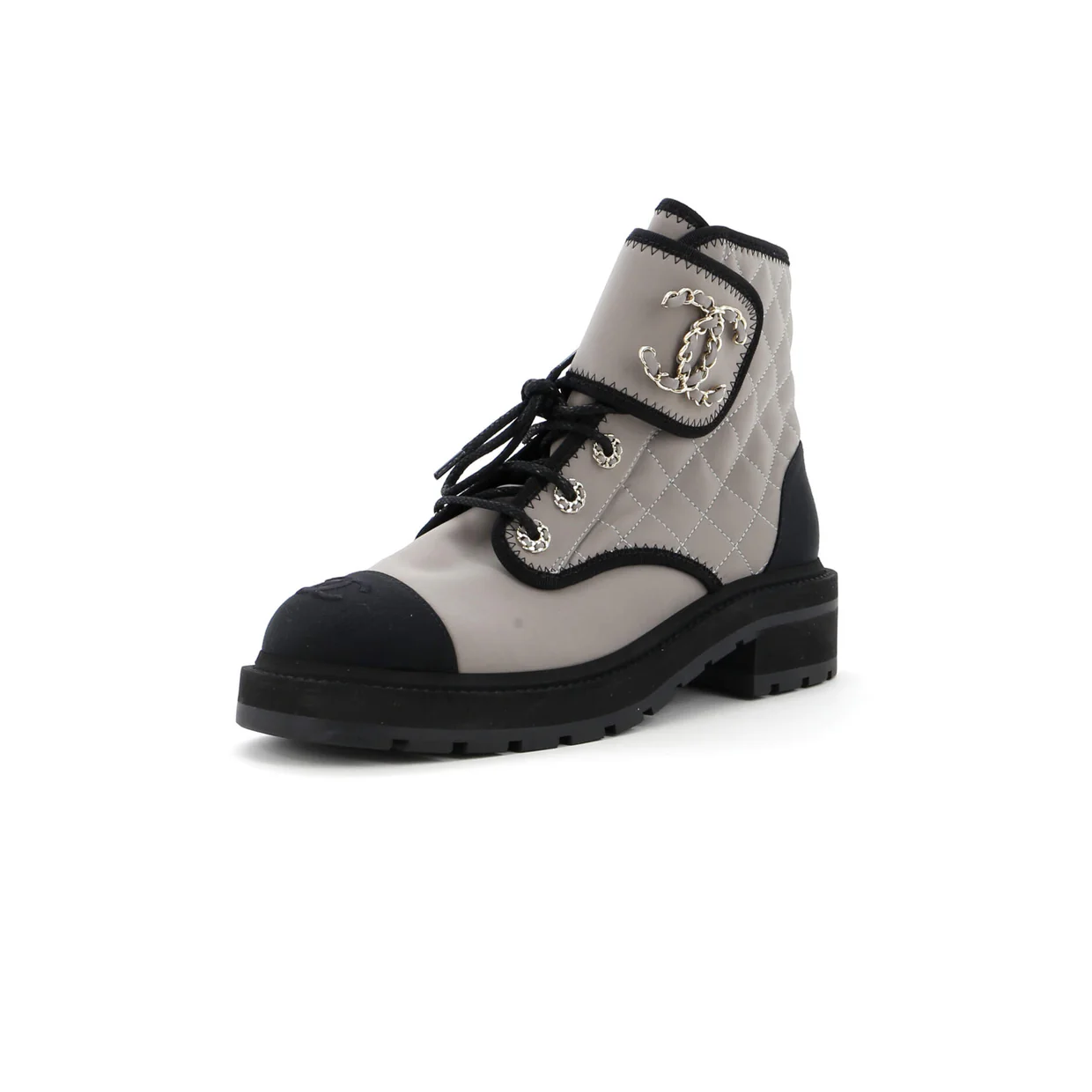 Women's Chain CC Cap Toe Lace Up Combat Boots Quilted Fabric and Grosgrain - Deep Luxury