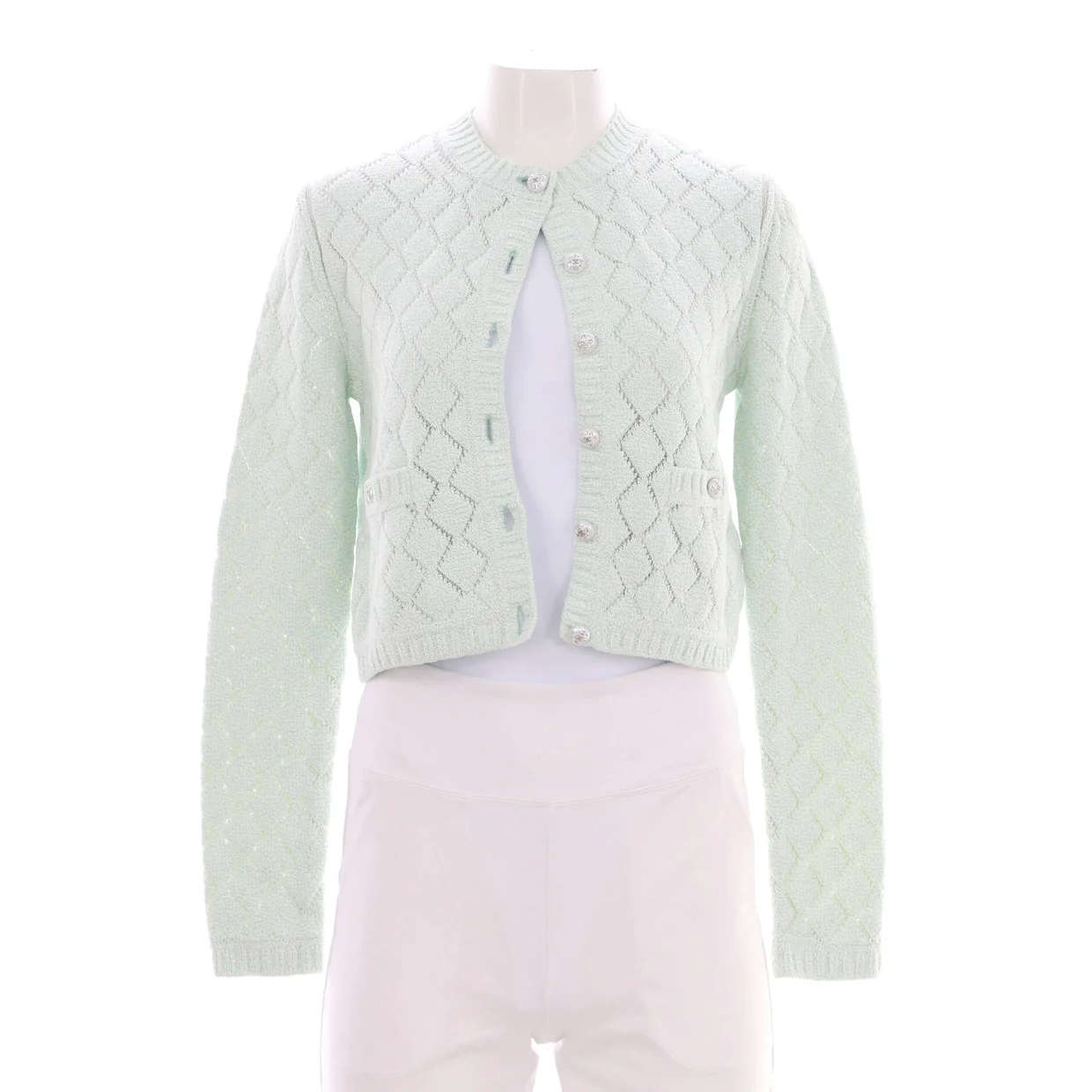 Women's CC Crystal Buttons Two Pocket Crewneck Cardigan Cotton Blend - Deep Luxury