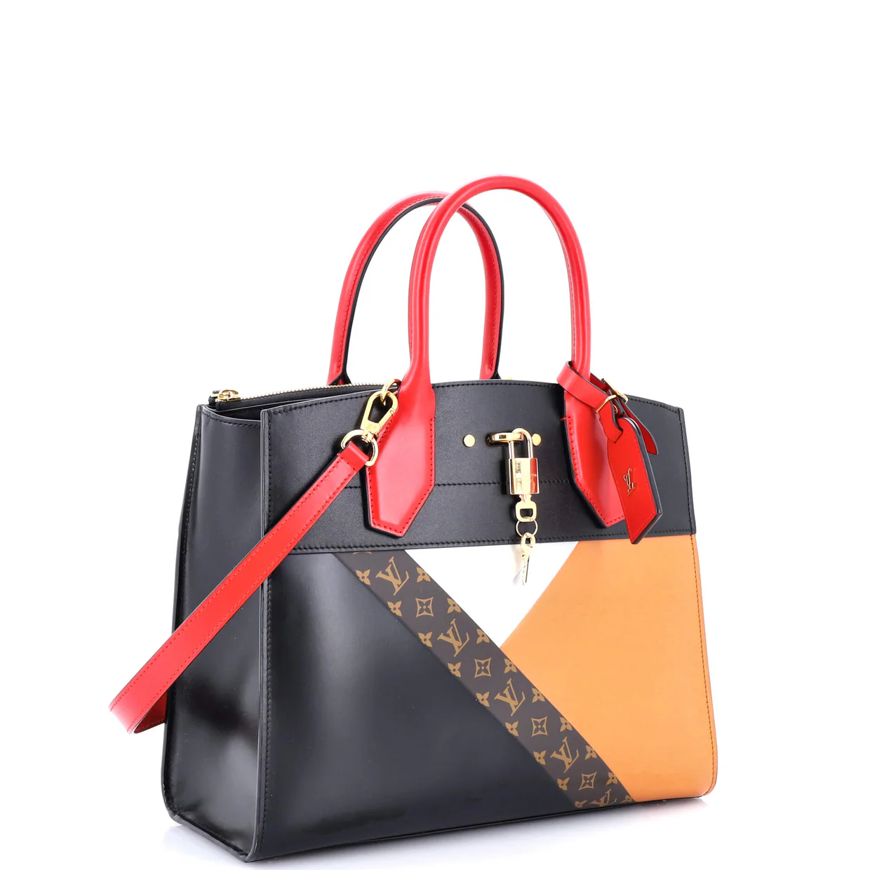 City Steamer Handbag Leather with Monogram Canvas MM - Deep Luxury