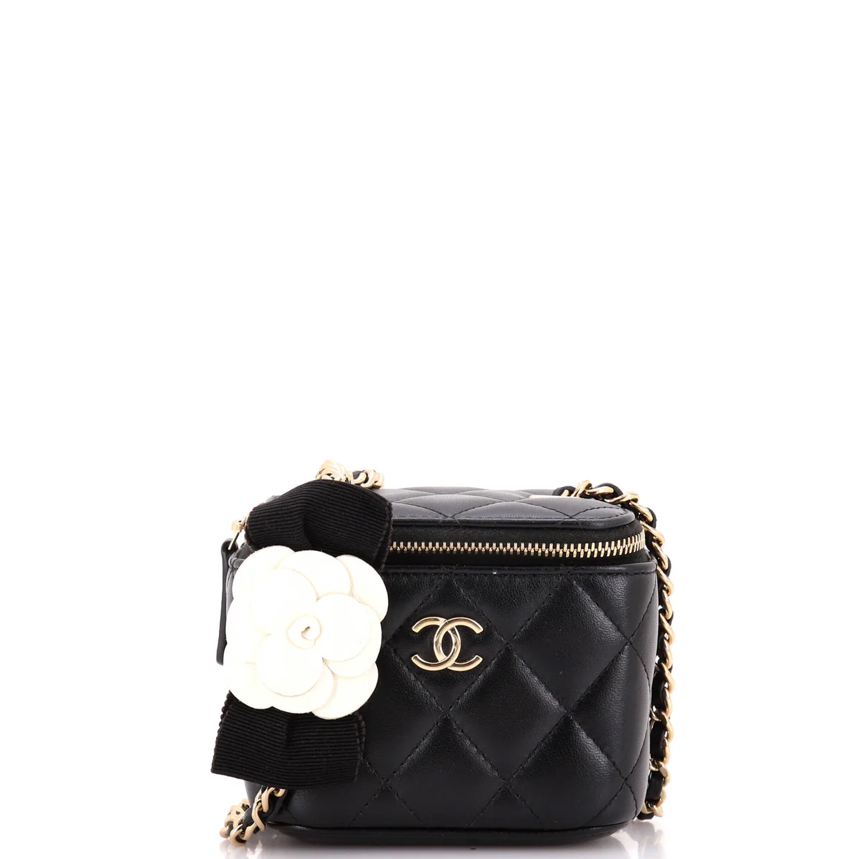 Camellia Bow Vanity Case with Chain Quilted Lambskin Mini - Deep Luxury