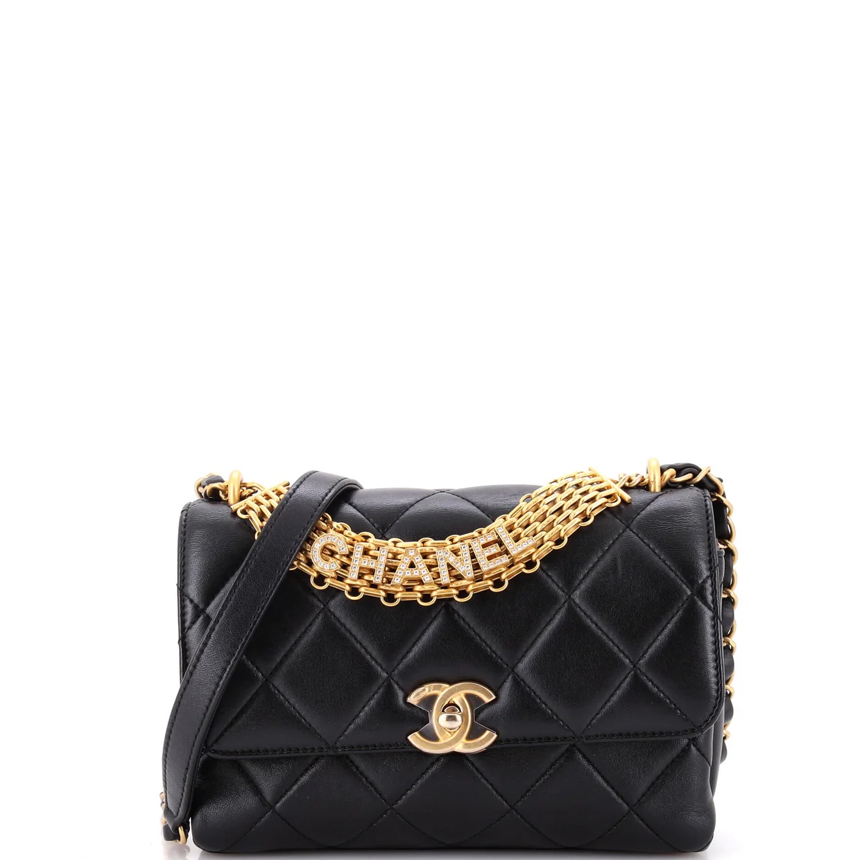 Crystal Logo Letters Chain Handle Flap Bag Quilted Lambskin Small - Deep Luxury