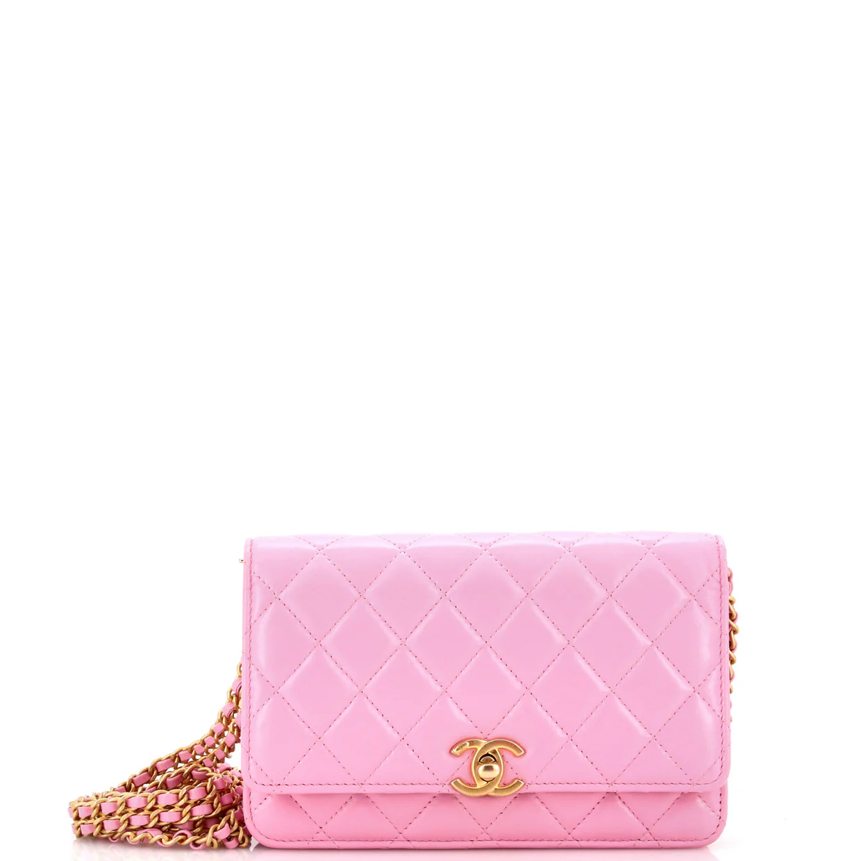 Double Chain CC Wallet on Chain Quilted Shiny Calfskin - Deep Luxury