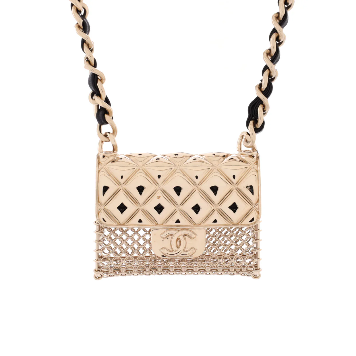 Flap Bag Chain Pendant Necklace Quilted Metal with Lambskin - Deep Luxury