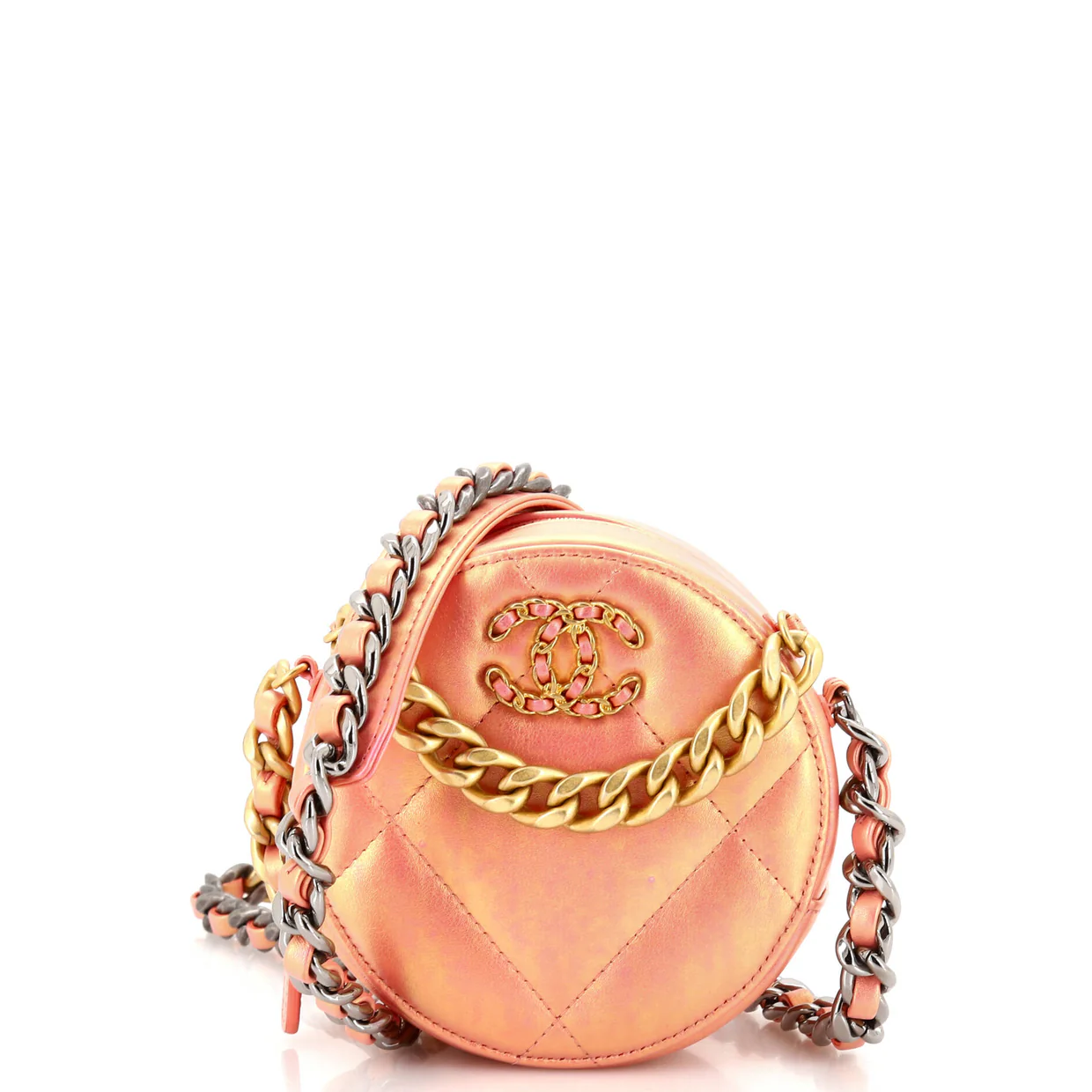 19 Round Clutch with Chain Quilted Iridescent Calfskin - Deep Luxury