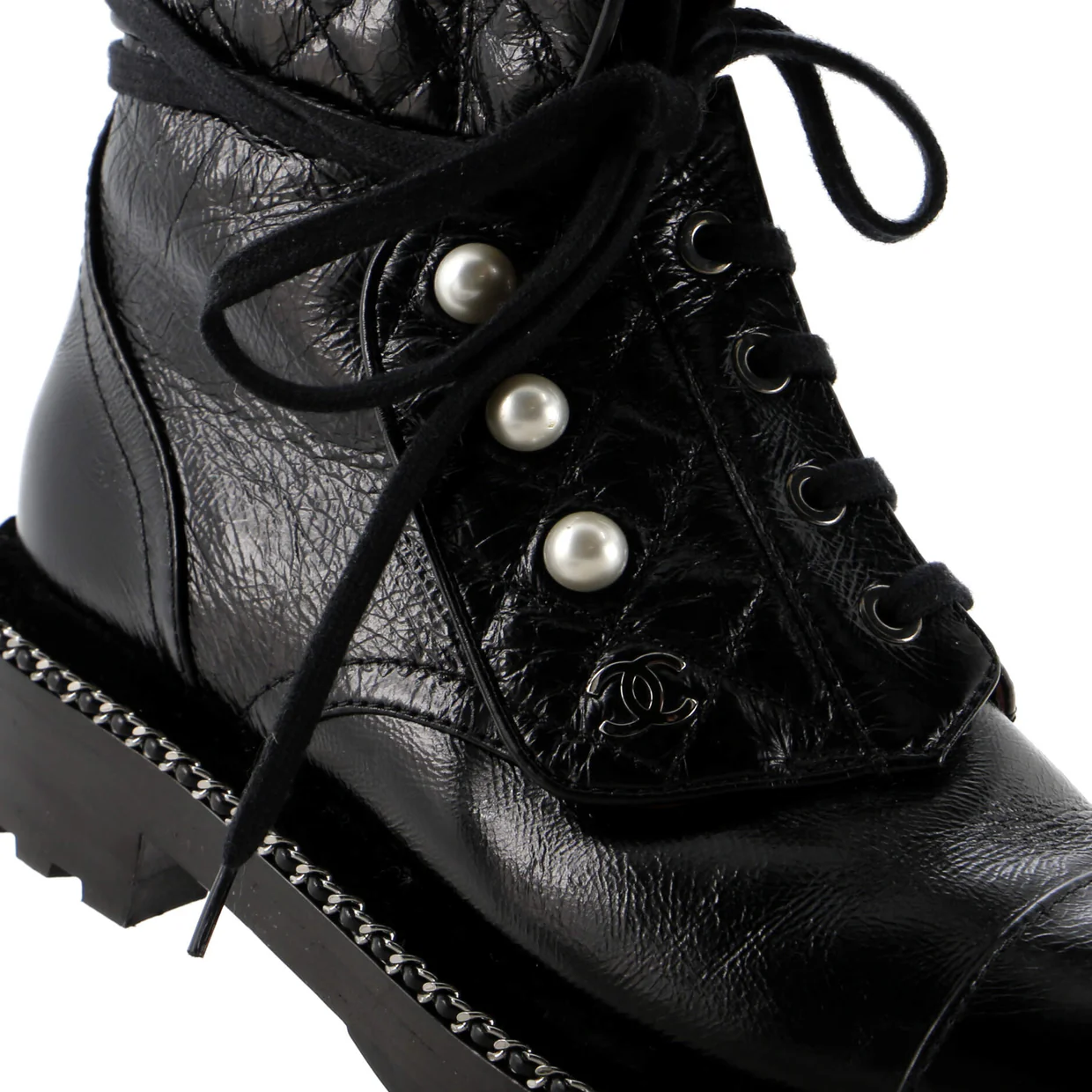 Women's Cap Toe CC Chain Around Pearl Combat Boots Leather - Deep Luxury