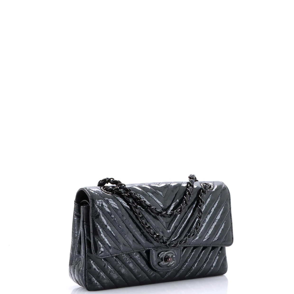 So Black Classic Double Flap Bag Chevron Crinkled Patent Medium - Deep Luxury