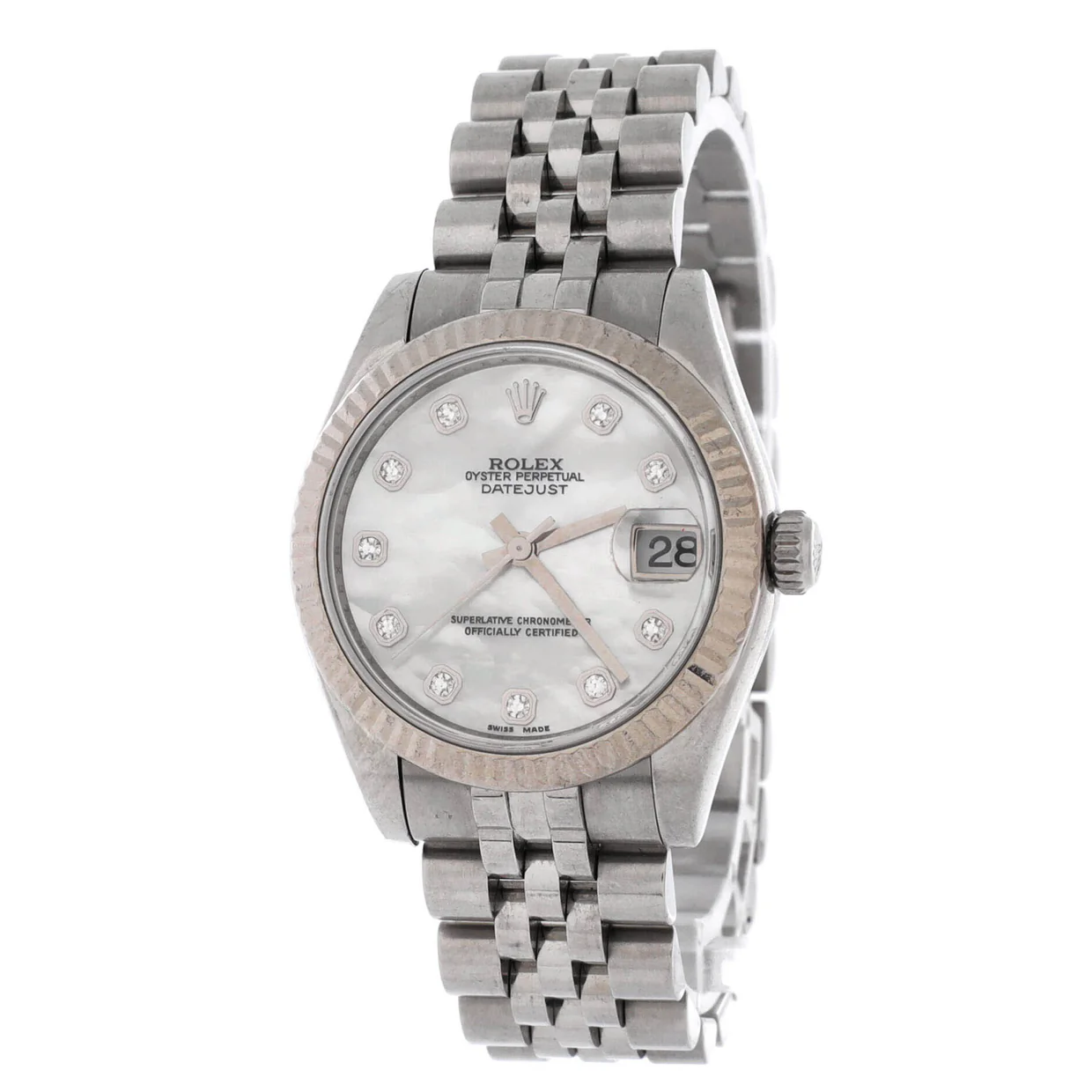 Oyster Perpetual Datejust Automatic Watch Stainless Steel and White Gold with Diamond Markers and Mother of Pearl 26 - Deep Luxury