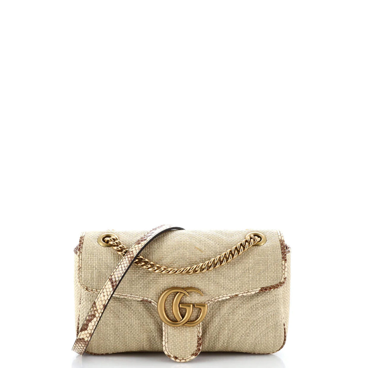 GG Marmont Flap Bag Matelasse Raffia with Snakeskin Small - Deep Luxury