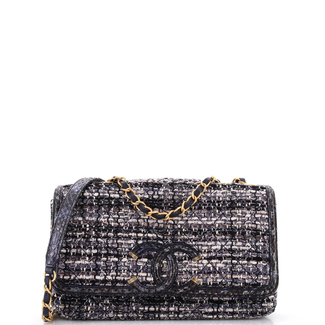 Filigree Flap Bag Quilted Tweed with Snakeskin Medium - Deep Luxury
