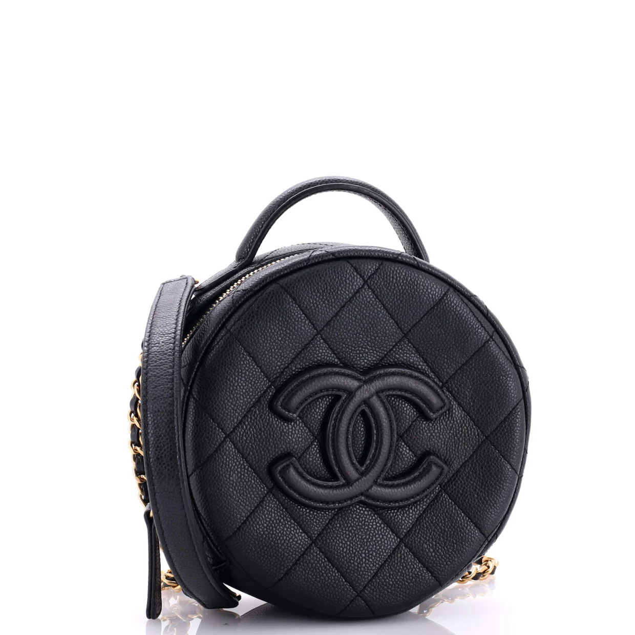 Round Vanity With Chain Quilted Caviar Small - Deep Luxury